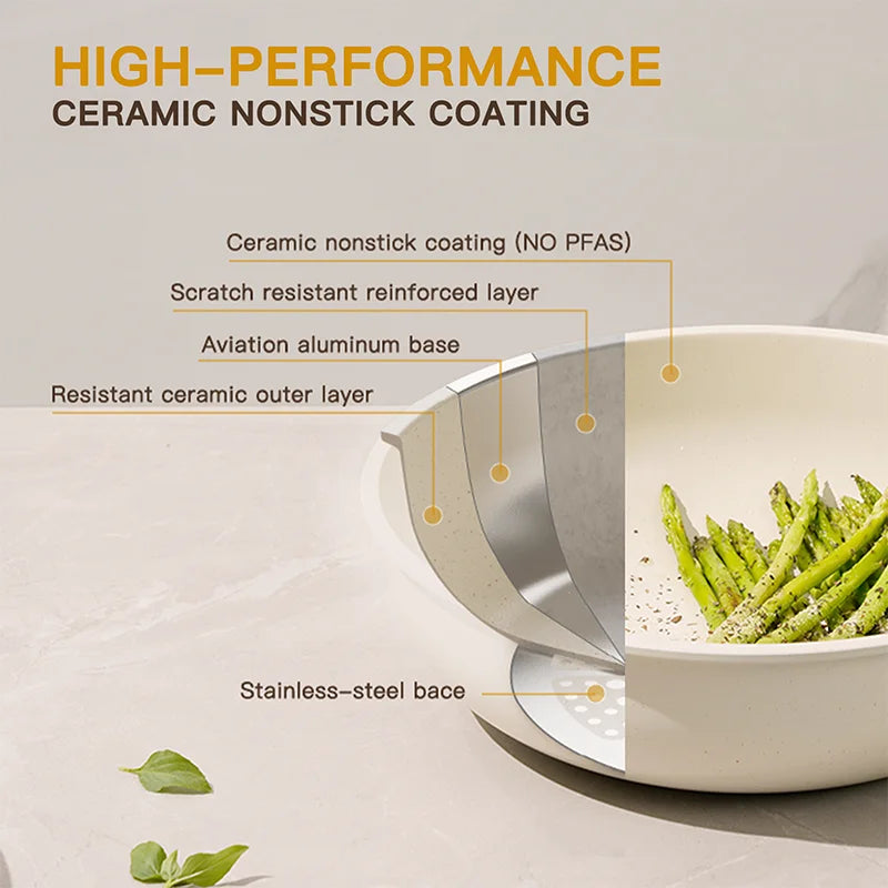 21 Piece Ceramic Non Stick Cookware Set Milky White