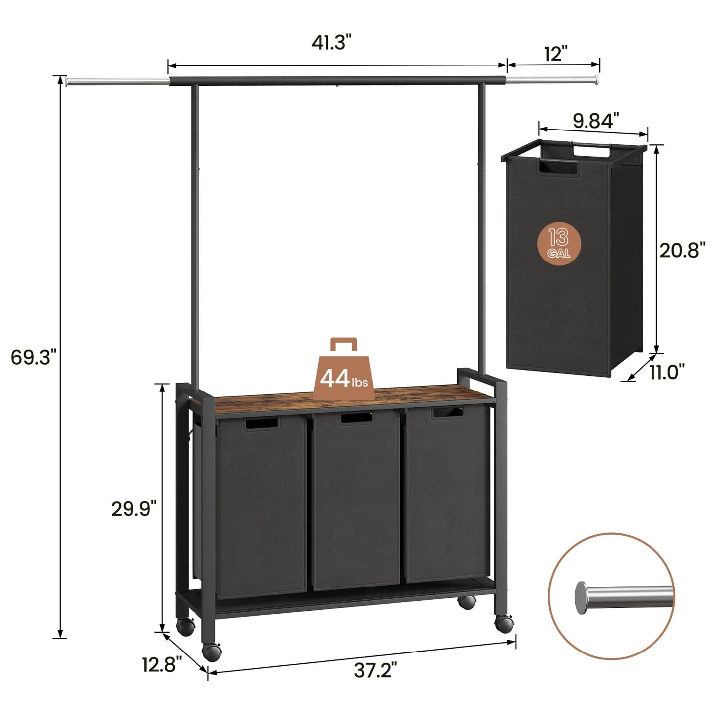 Laundry Sorter Basket With Extendable Hanging Bar