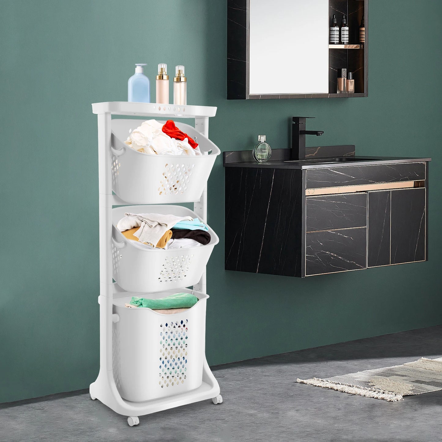 3-Layer Laundry Basket With Rolling Wheels Storage