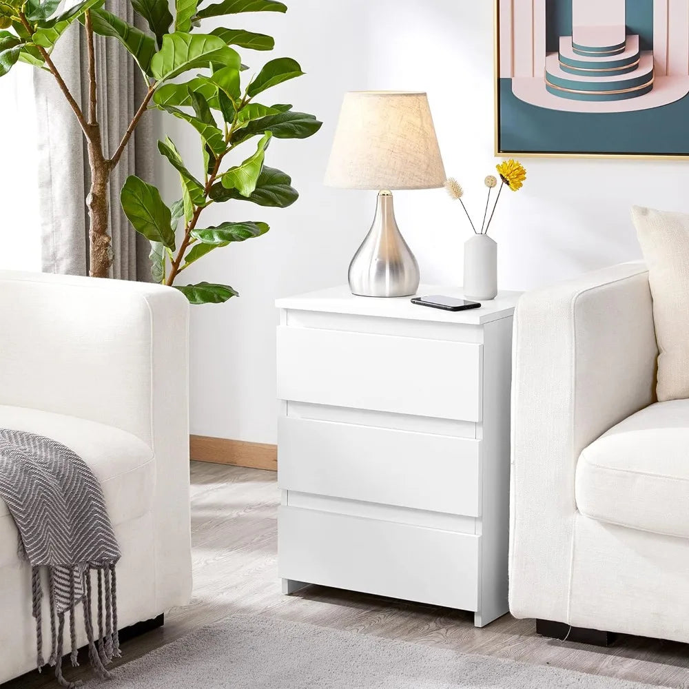 2PCS White 3-Drawer Bedside Nightstand Storage