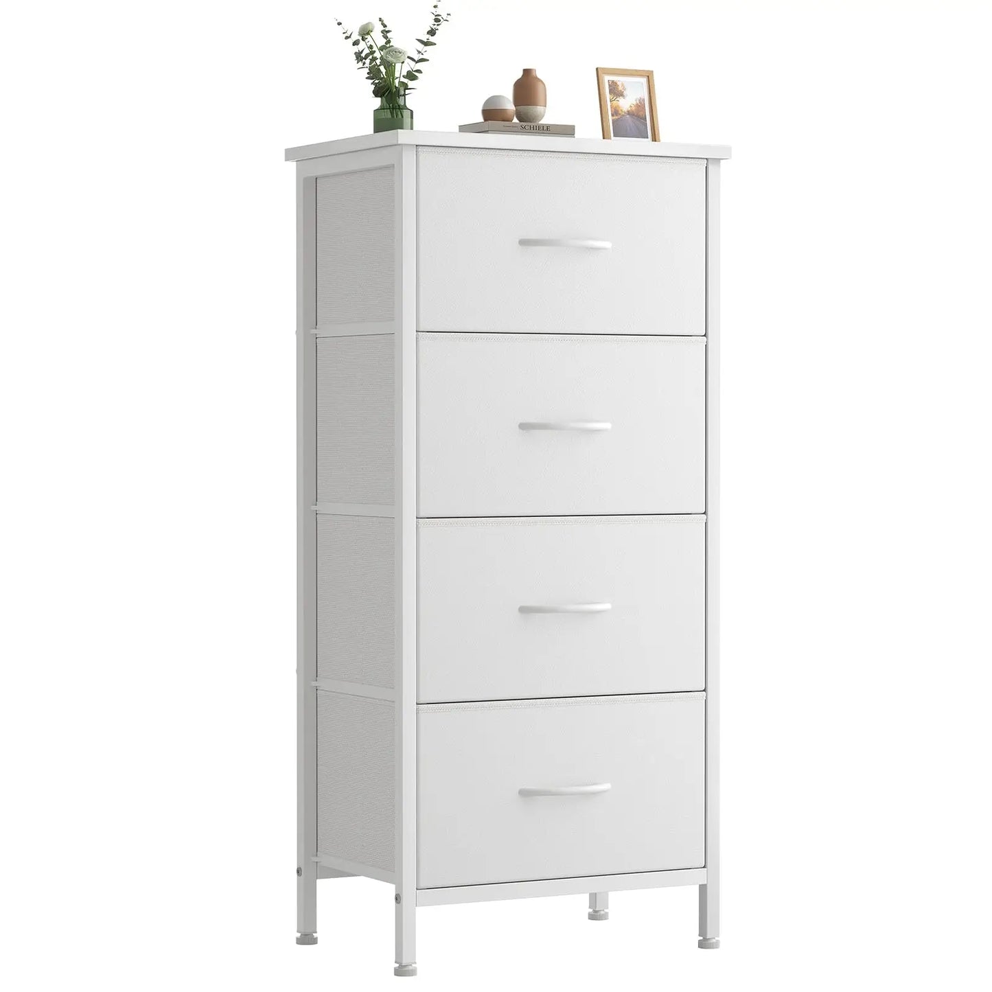 Sweetcrispy Nightstand with 4 Fabric Drawers – Modern Bedside Table with Wooden Top, Small Bedroom Dresser & End Table for Bedroom, Living Room & Nursery
