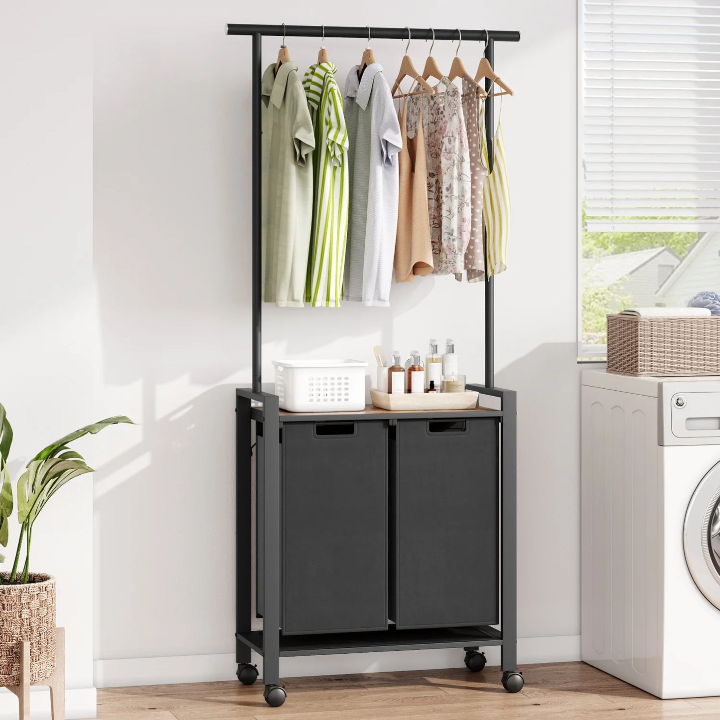 Laundry Sorter Basket With Extendable Hanging Bar