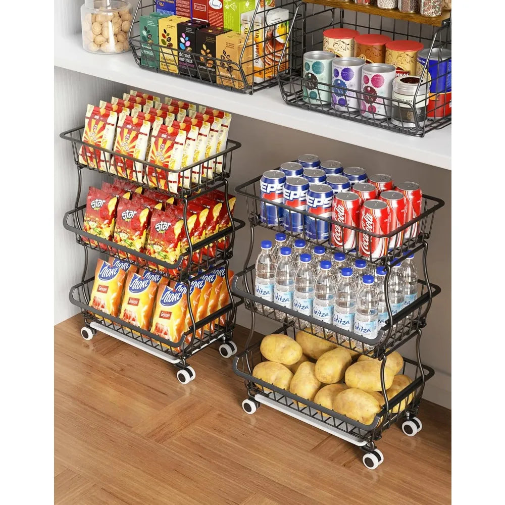 Rolling Pantry Storage Cart with Stackable Baskets