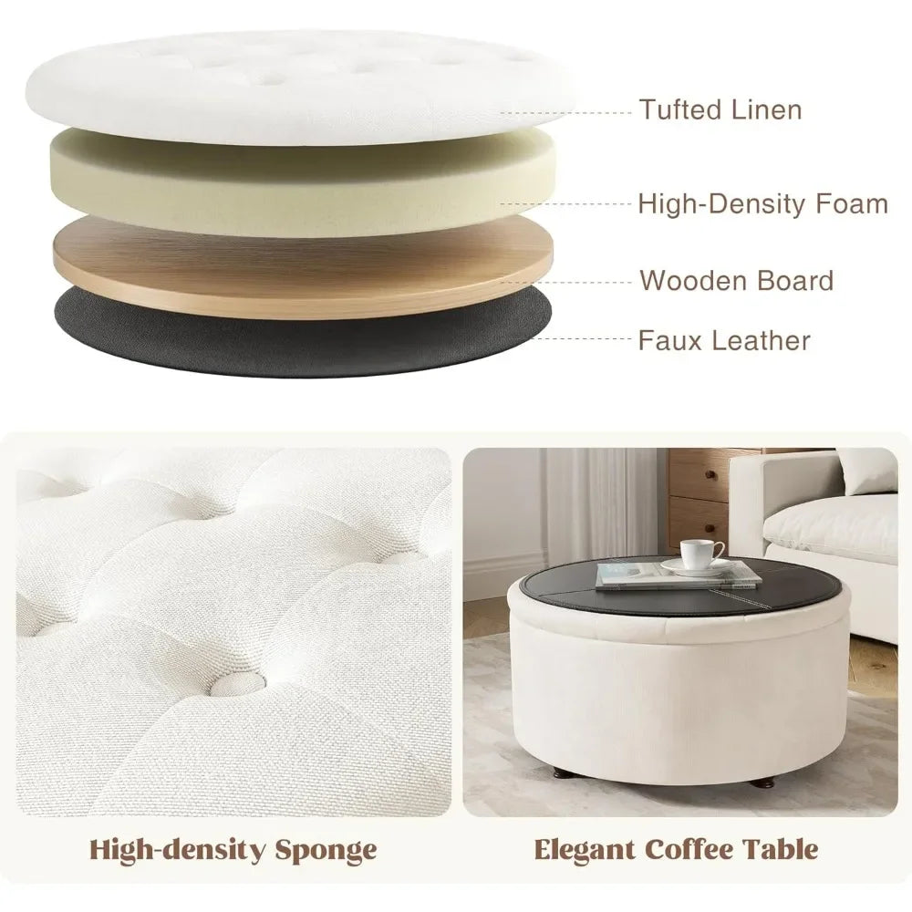 Round Tufted Storage Ottoman Coffee Table