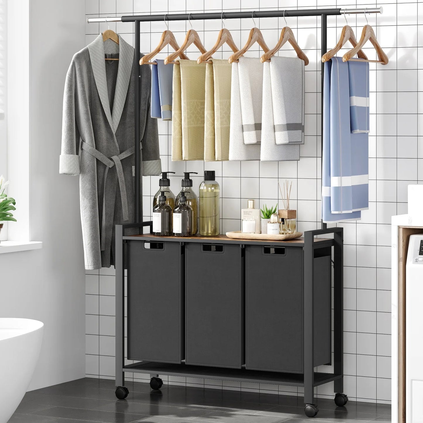 Laundry Sorter Basket With Extendable Hanging Bar