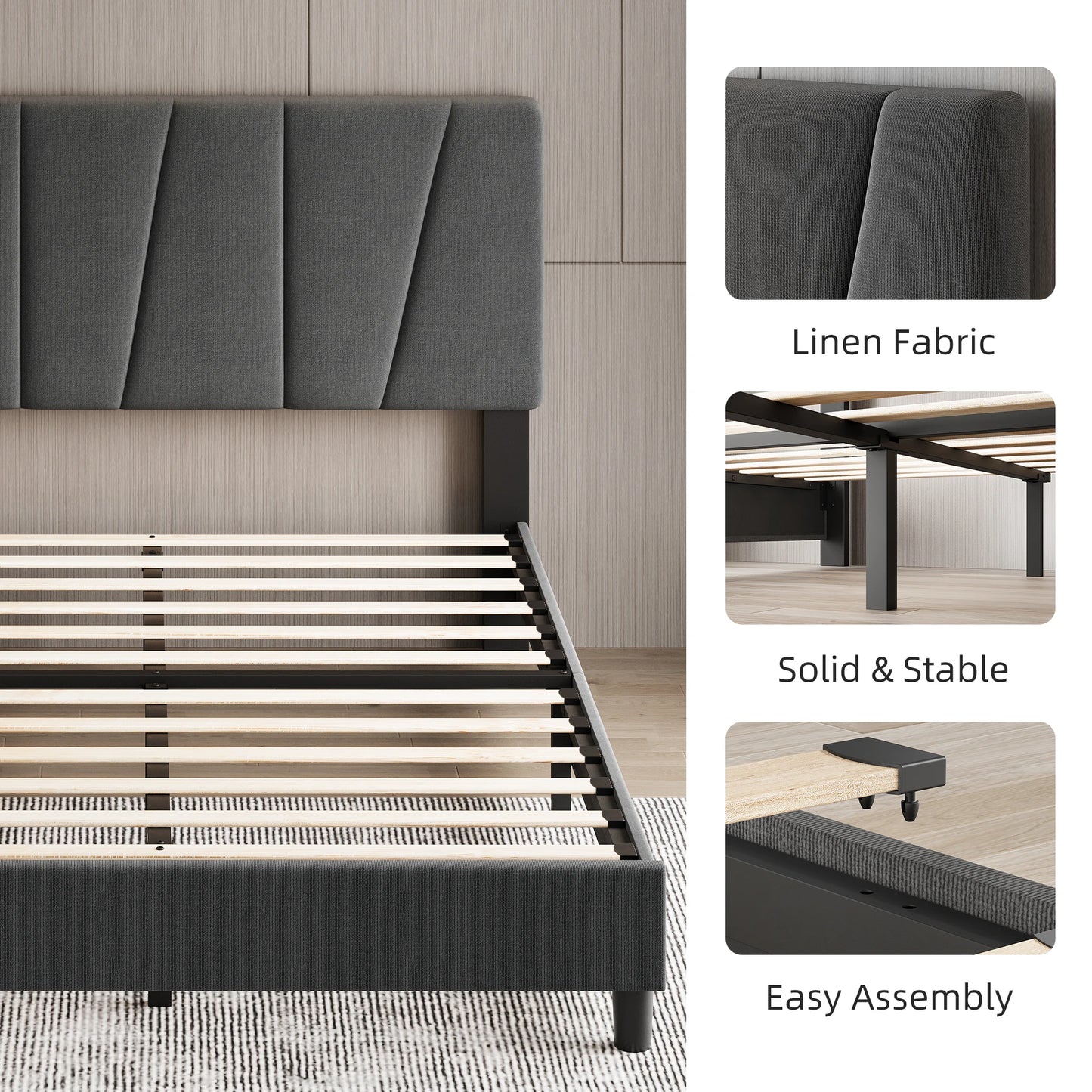 Linen Upholstered Platform Bed Frame with Headboard