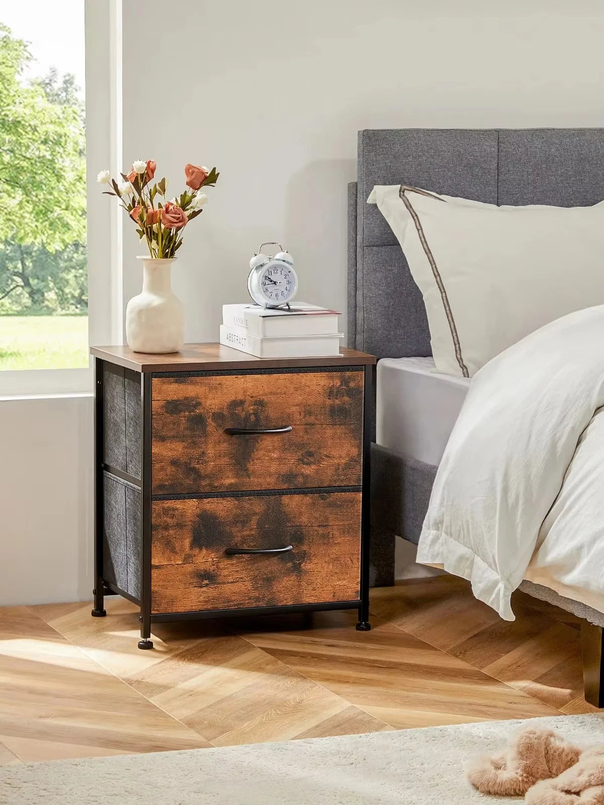 JHK Nightstand with Fabric Drawers Bedroom Storage