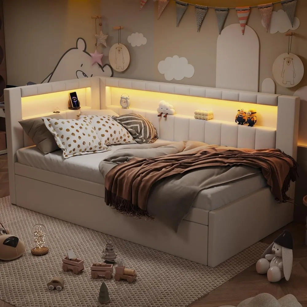 Twin Daybed Trundle L-Shaped Bookshelf Headboard