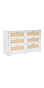 47” Rattan Dresser with 6 Drawers – Modern Wooden Storage Chest with Gold Handles, Boho Bedroom Organizer Cabinet for Living Room, Hallway & Closet
