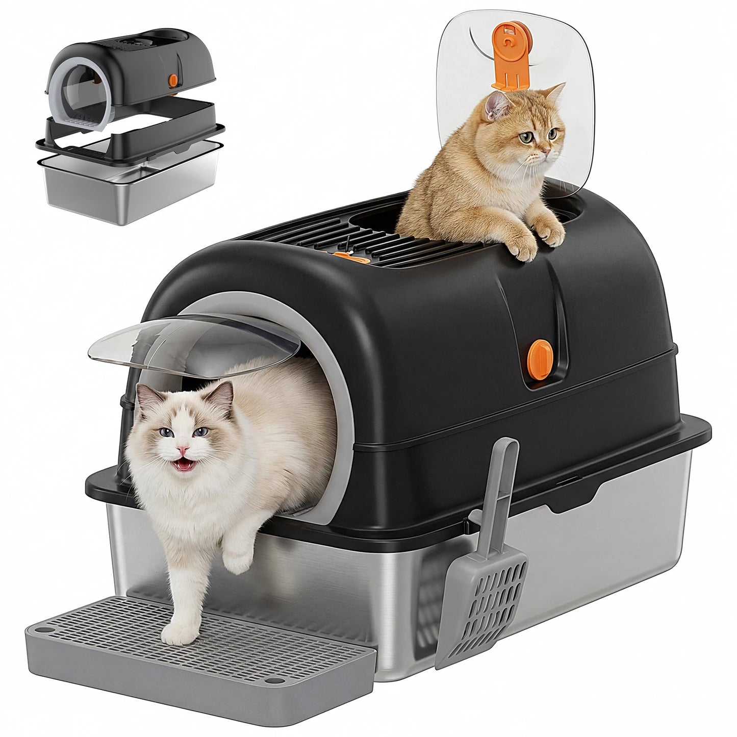 24" Stainless Steel Enclosed Cat Litter Box – Large 30L Metal Cat Litter Box with Scoop & Litter Mat, Odor-Resistant Covered Pet Toilet for Big Cats