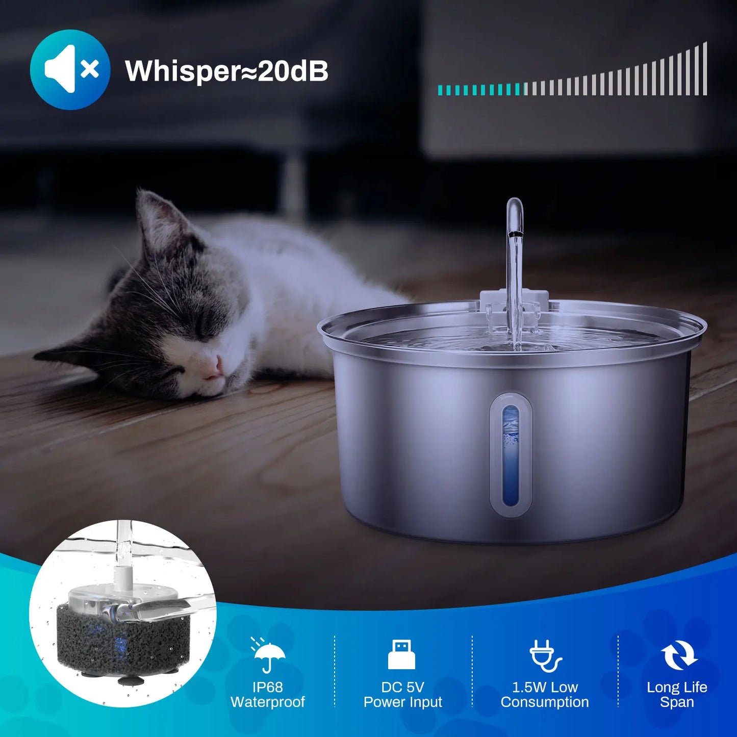 Stainless Steel Cat Water Fountain 3.2L