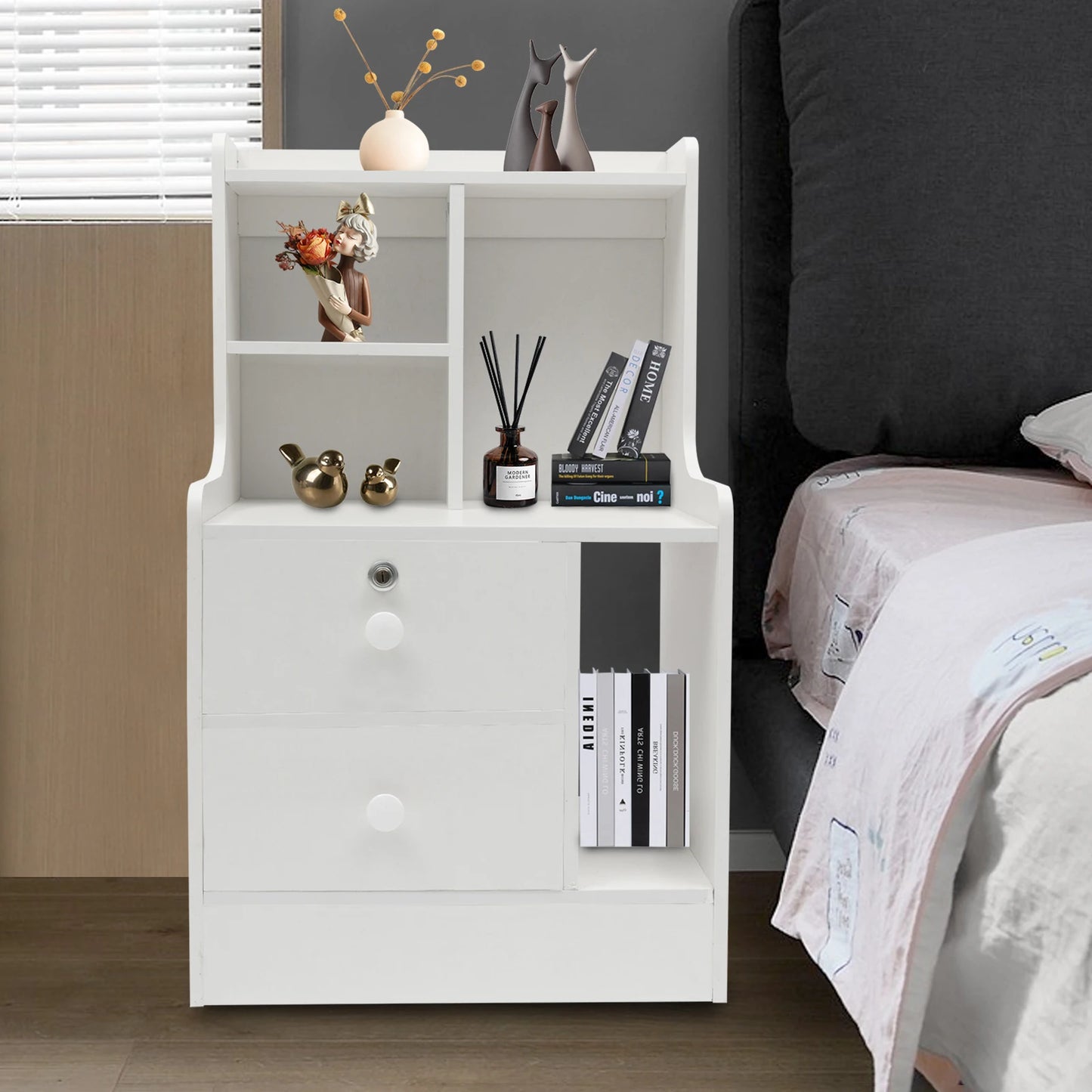 Lockable Bedside Table Double-Layer Storage Cabinet