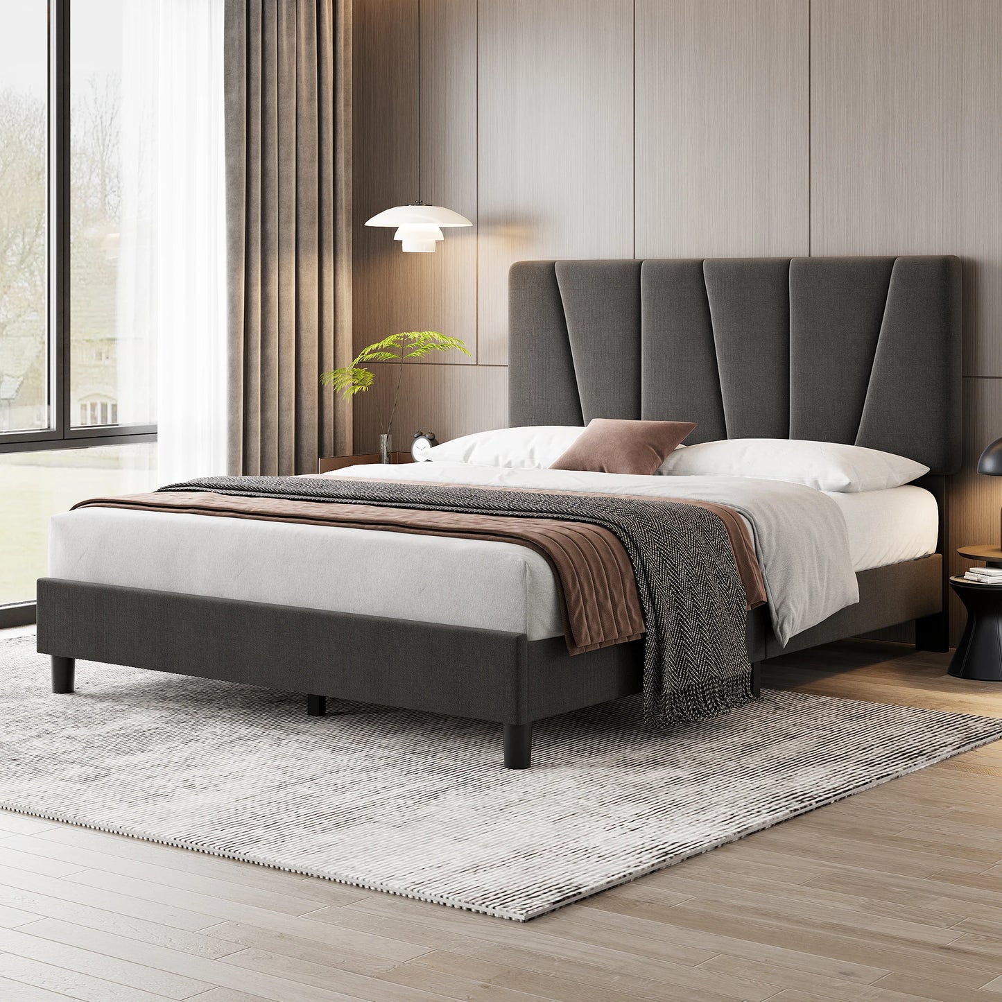 Linen Upholstered Platform Bed Frame with Headboard