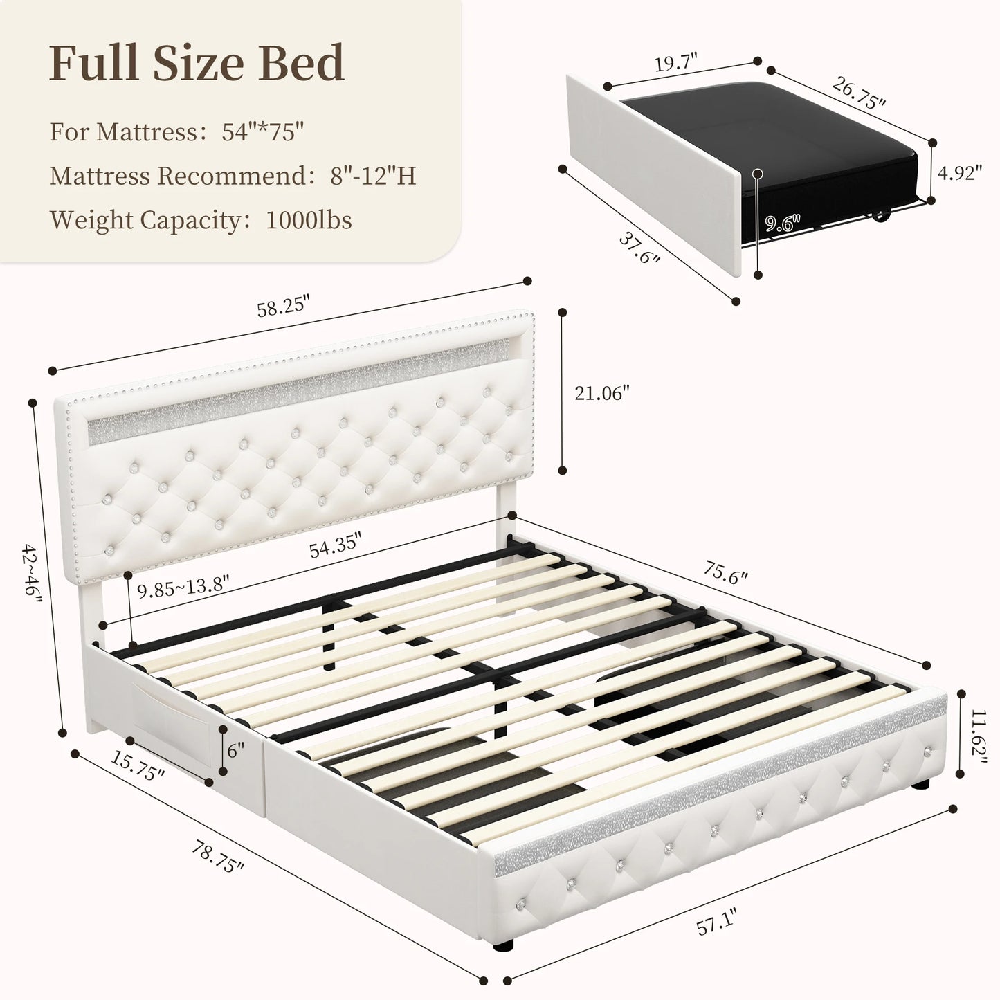 Full LED Bed Frame with 2 Drawers,
