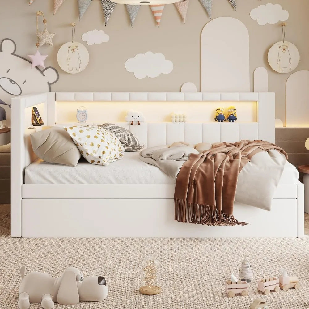 Twin Daybed Trundle L-Shaped Bookshelf Headboard