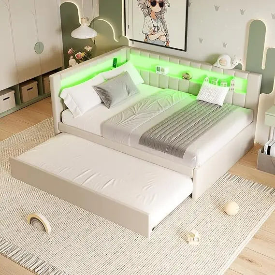 Twin Daybed Trundle L-Shaped Bookshelf Headboard