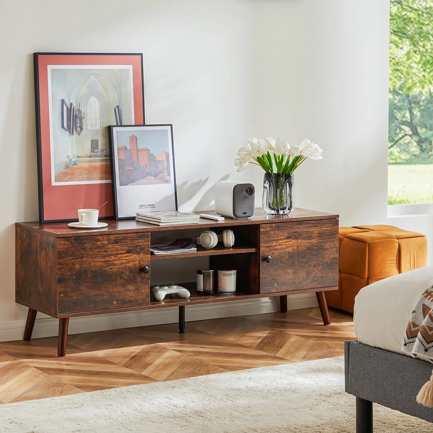 JHK Wooden Fireplace TV Stand Media Console
