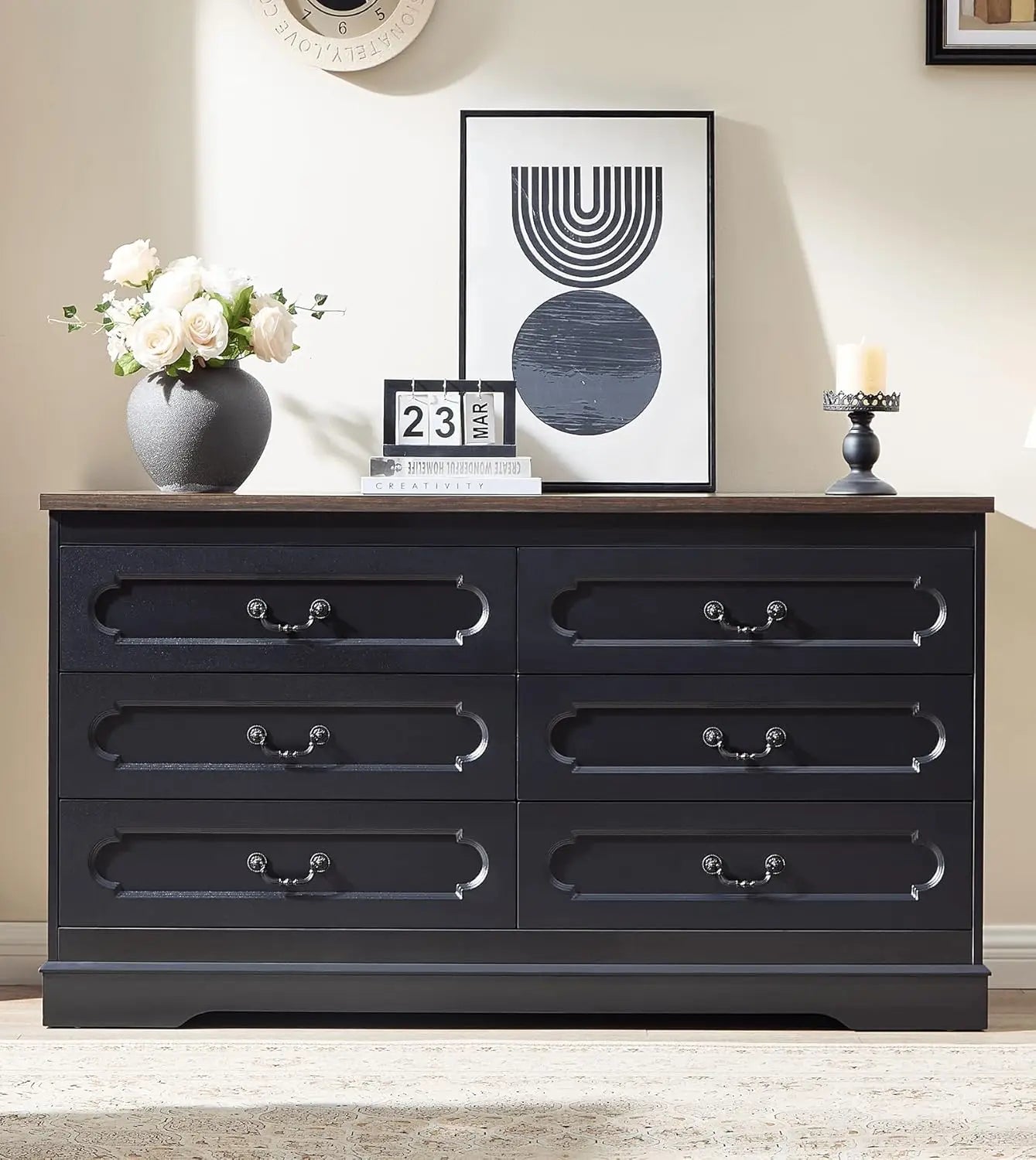 Farmhouse Cherry Wood Dresser Wide Drawer Chest of Drawers Rustic Bedroom Storage Furniture