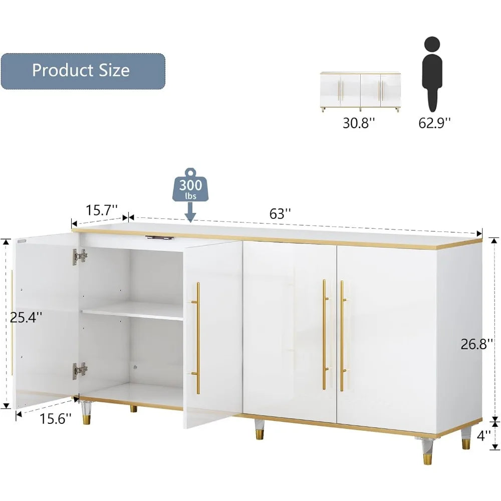63” White and Gold Sideboard Cabinet