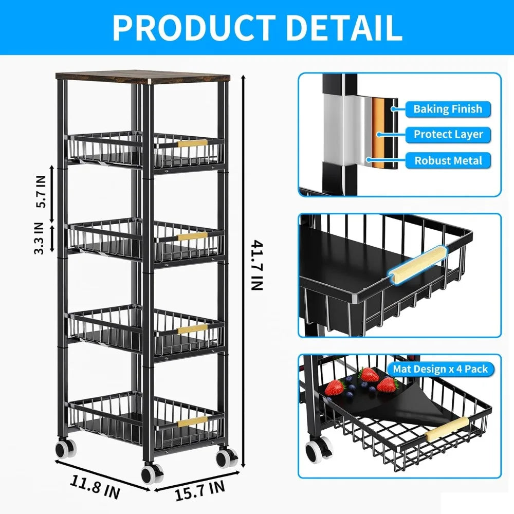 5-Tier Kitchen Storage Basket with Wheels