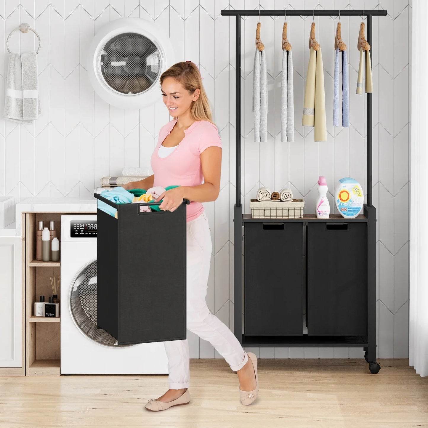Laundry Sorter Basket With Extendable Hanging Bar