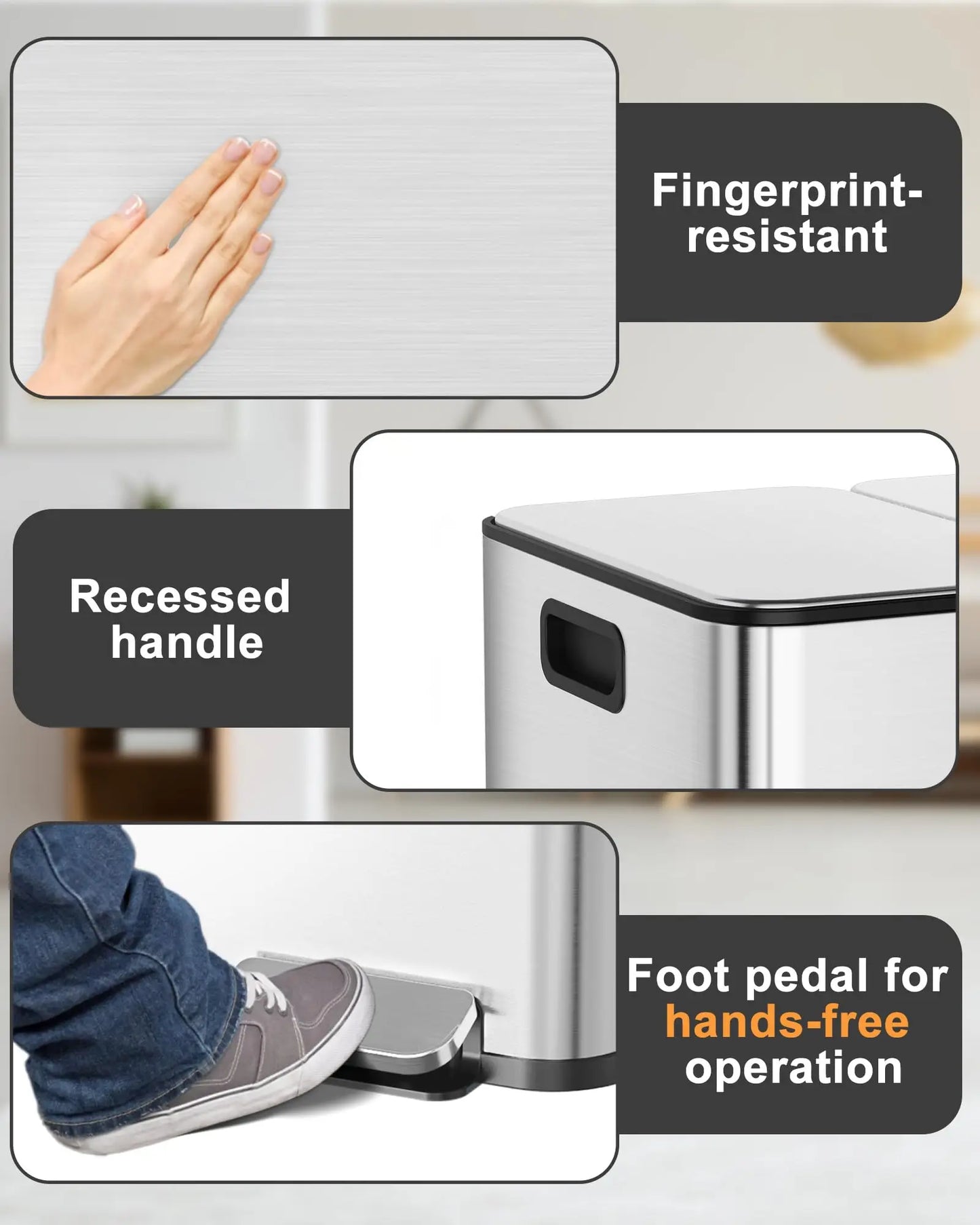60L/90L Stainless Steel Triple Compartment Trash Can – Soft-Close Step Garbage Bin with Fingerprint-Resistant Finish for Kitchen Recycling & Waste Sorting