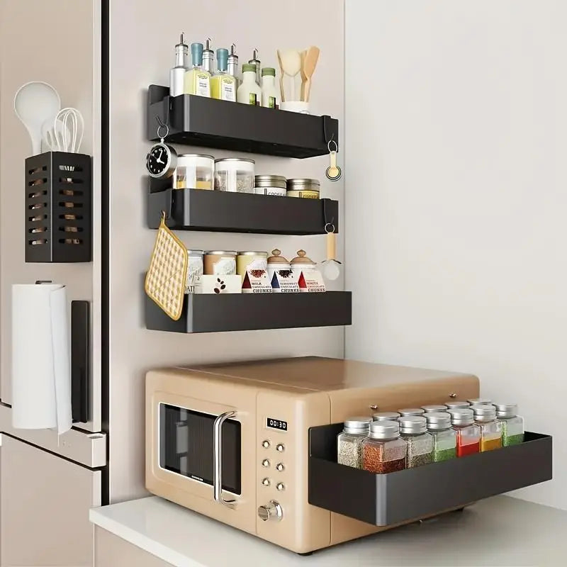 Magnetic Spice Rack for Refrigerator – 4 Pack Kitchen Organizer & Storage Shelves, Black Wall-Mounted Fridge Side Storage Rack for Spices, Jars & Kitchen Essentials