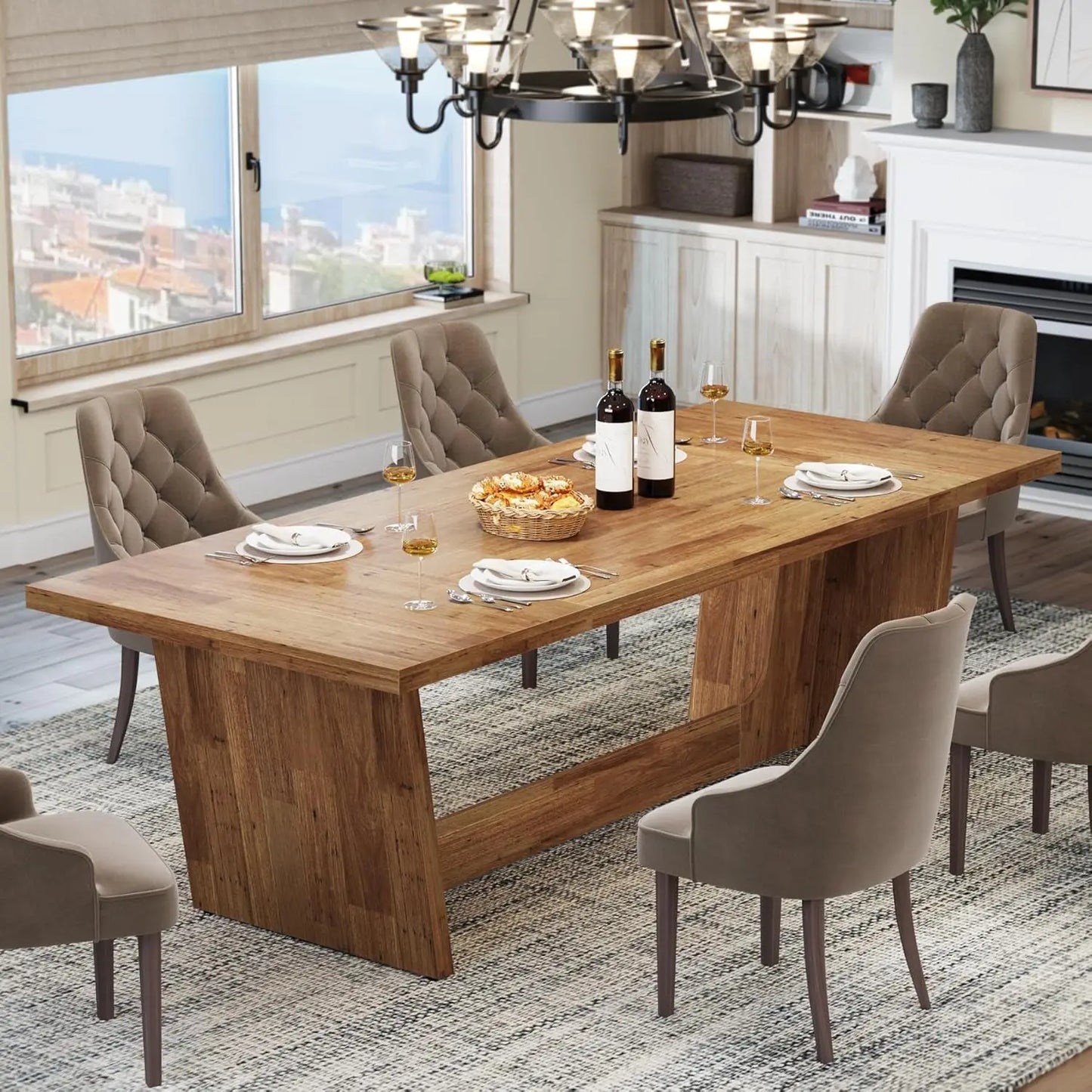 Farmhouse Dining Room Table – Large Rectangular Solid Pedestal Kitchen Table for Family Meals, Rustic Wooden Dinner Table for Dining Room & Home Gathering