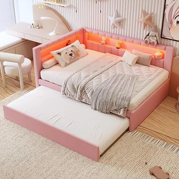Twin Daybed Trundle L-Shaped Bookshelf Headboard