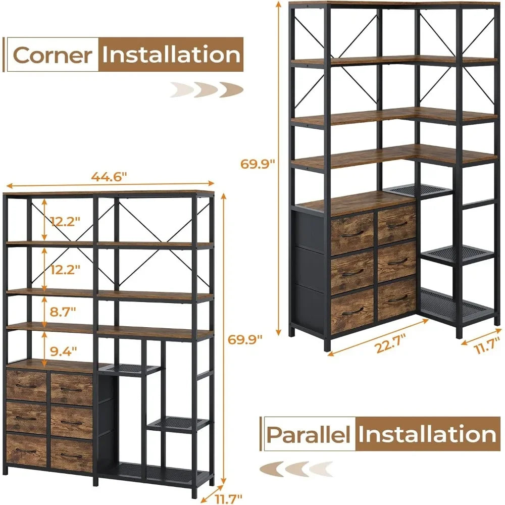 Corner 7-Tier Industrial Bookshelf With Drawers