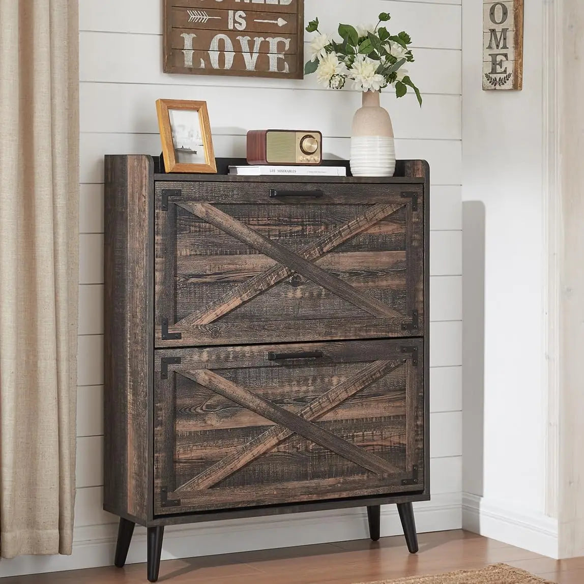 Farmhouse Shoe Storage Cabinet 2 Flip Drawers