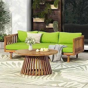 Outdoor Acacia Wood 3-Seat Loveseat Sofa Set with Cushions & Round Coffee Table – Premium Backyard Patio Conversation Furniture for Garden, Porch & Balcony Relaxation