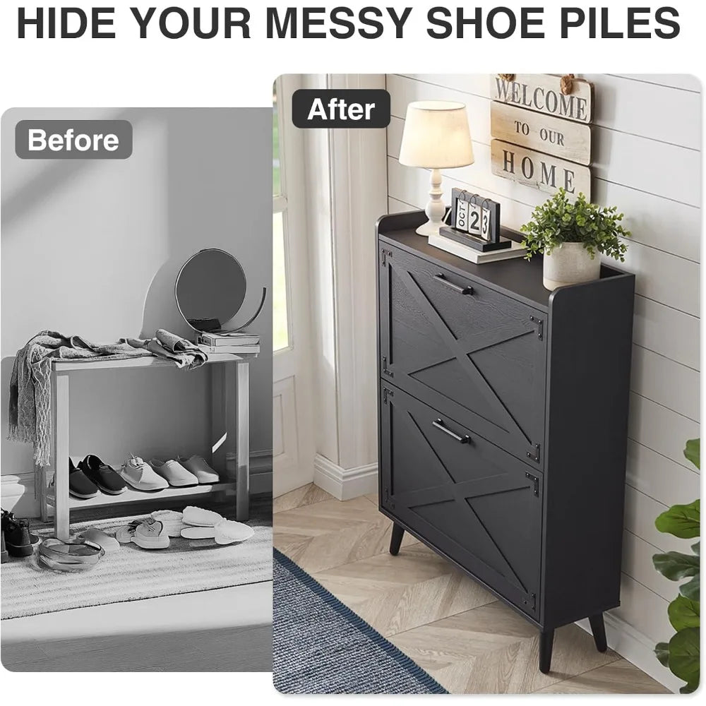 Farmhouse Shoe Storage Cabinet 2 Flip Drawers