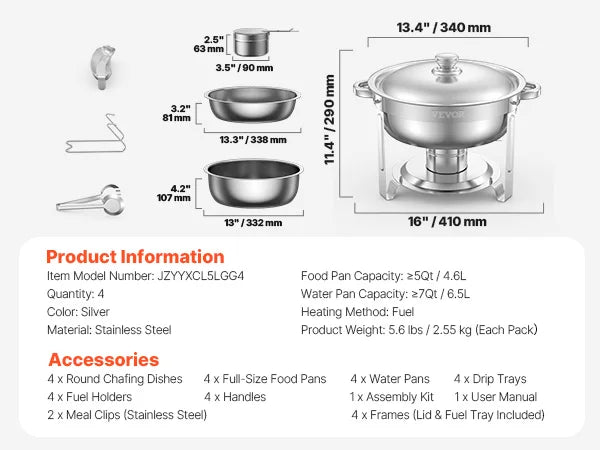 4 Pack Stainless Steel Chafing Dish Buffet Set – Full Size Catering Food Warmers & Servers for Parties, Banquets, Weddings & Events
