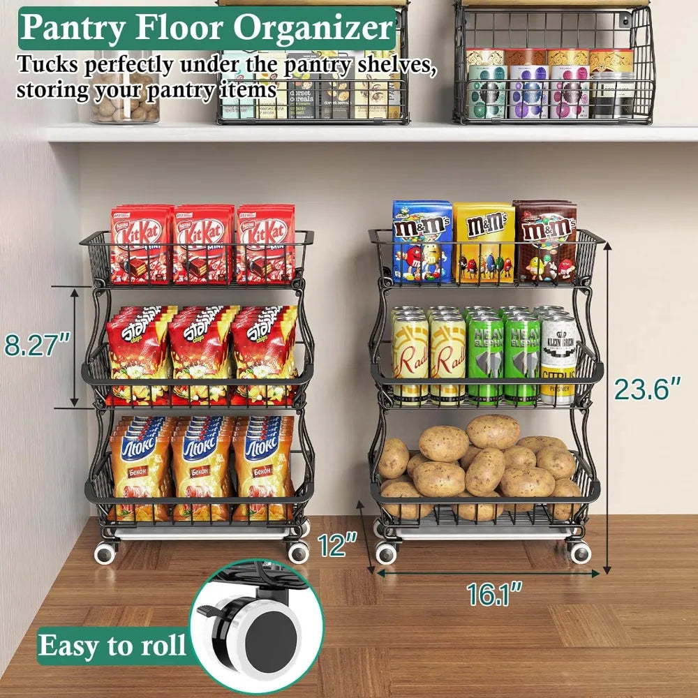 Rolling Pantry Storage Cart with Stackable Baskets