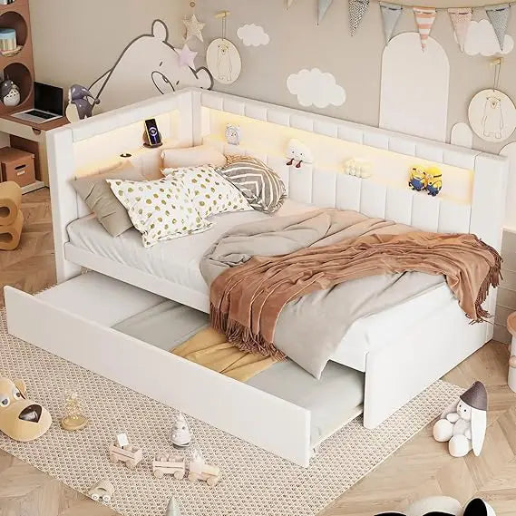Twin Daybed Trundle L-Shaped Bookshelf Headboard