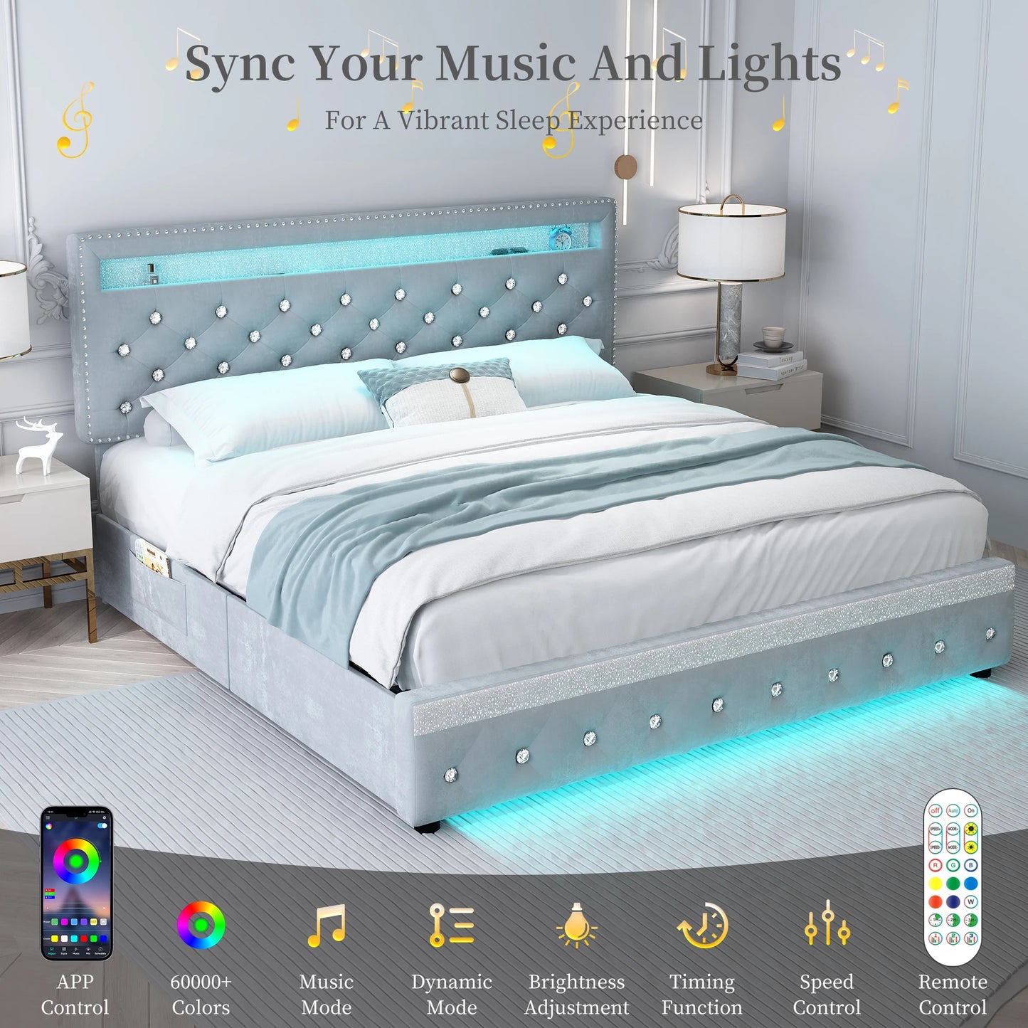 Full LED Bed Frame with 2 Drawers,