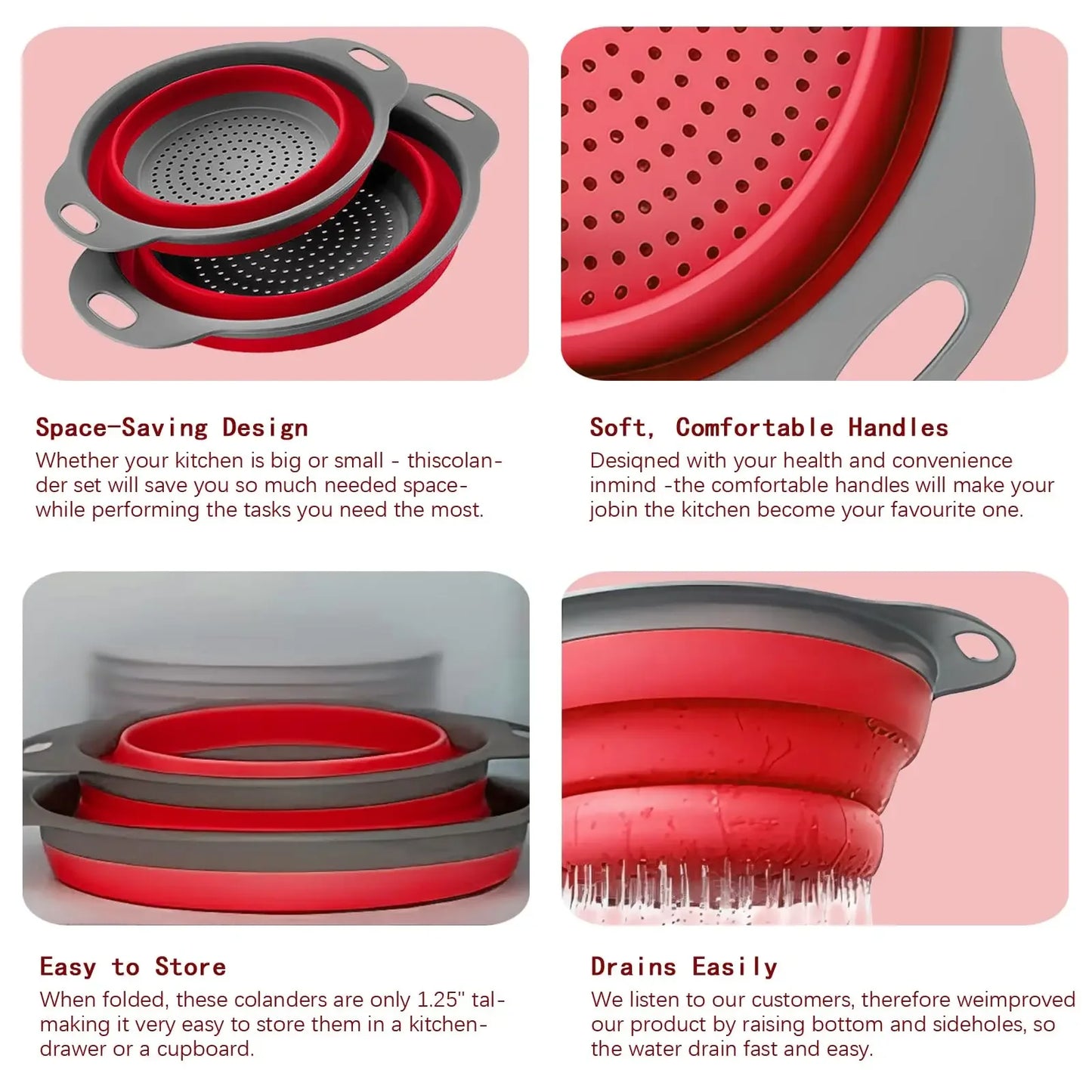 Collapsible Silicone Colander Strainer Set of 2