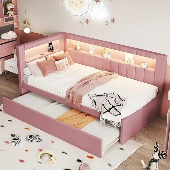 Twin Daybed Trundle L-Shaped Bookshelf Headboard