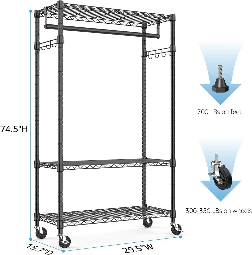 Heavy Duty Rolling Garment Rack with Adjustable Shelves