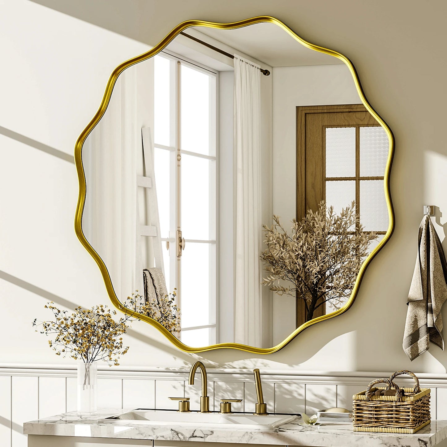 Wavy Round Bathroom Mirror Decorative Wall Mirror with Deep Frame Modern Vanity Mirror for Bedroom Living Room Home Decor