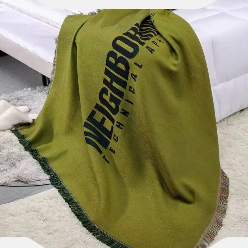 Olive Green Woven Throw Blanket – Modern Letter Design Sofa Throw, Decorative Tapestry Blanket for Couch, Bed, Picnic & Home Decor