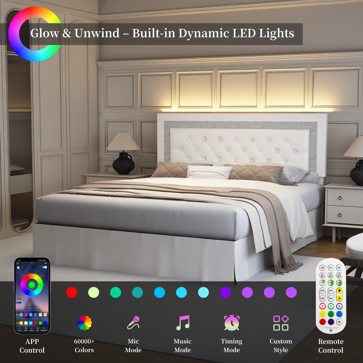 SIBEDS Queen Bed Frame with LED Lights