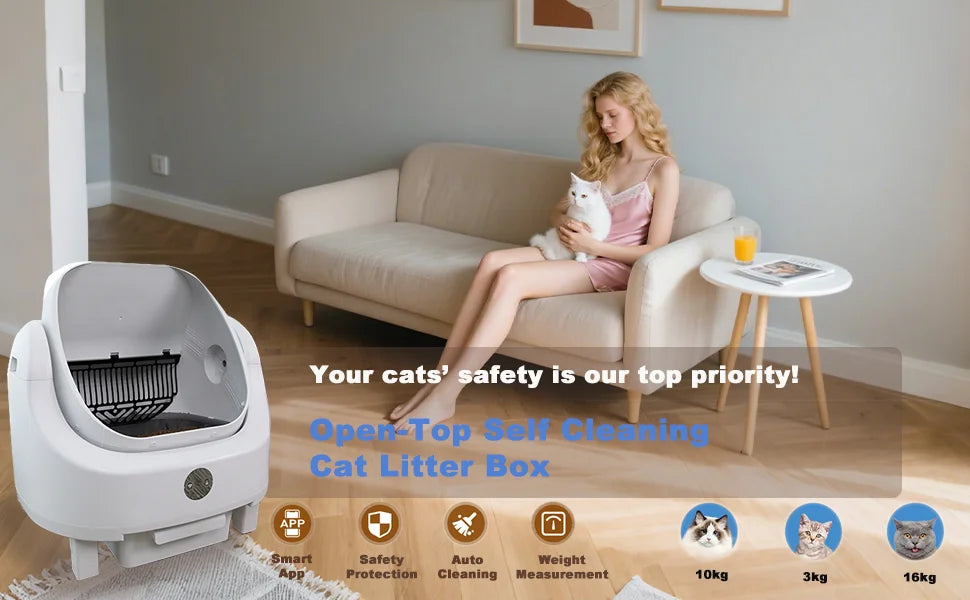 Smart Self-Cleaning Cat Litter Box with App Control Odor-Free Automatic Safety System
