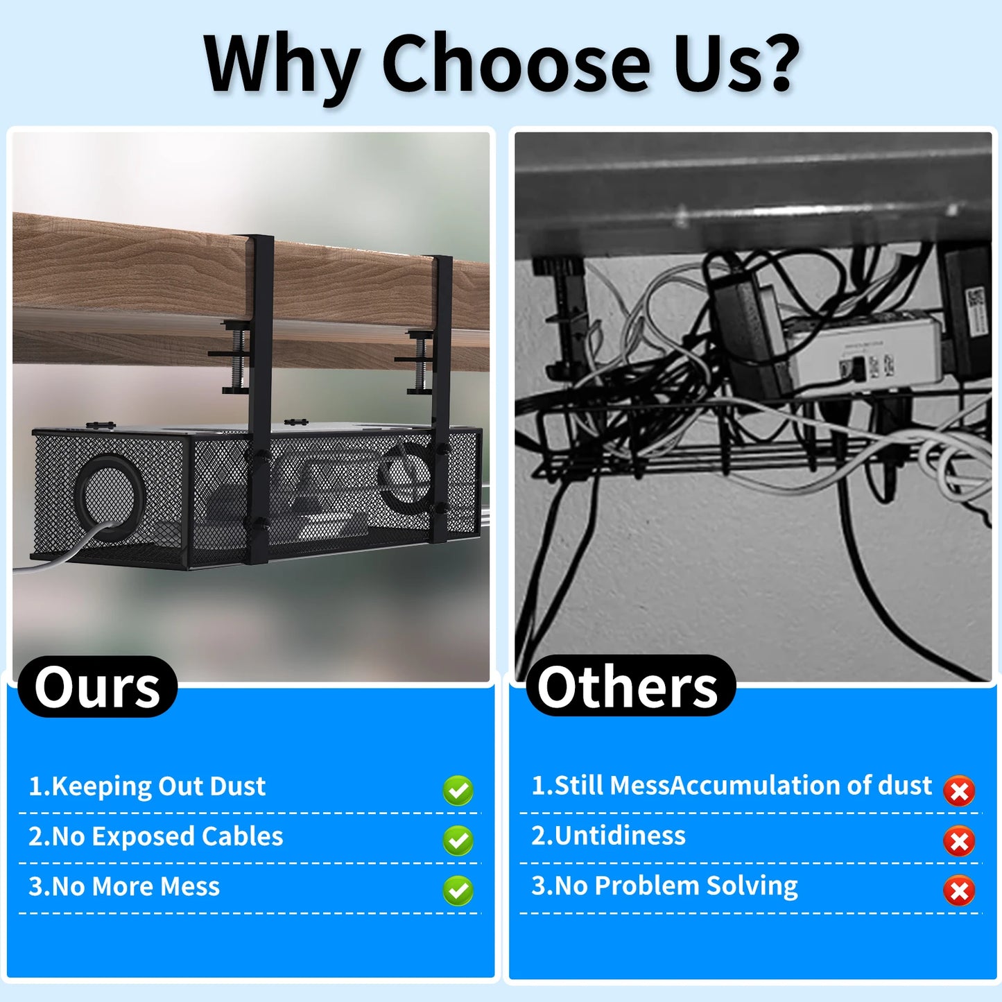 Under Desk Cable Tray Clamp Mount Organizer