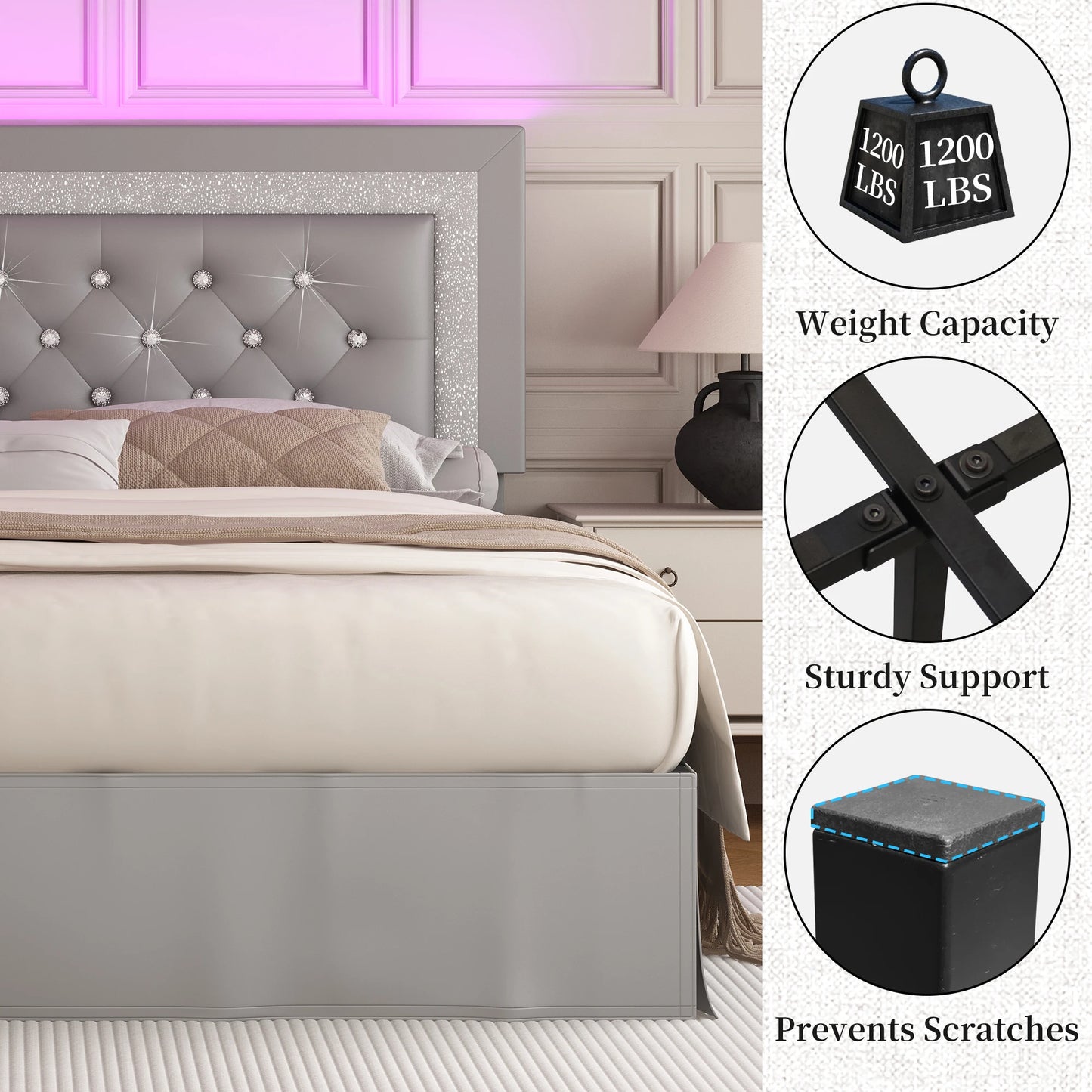 SIBEDS Queen Bed Frame with LED Lights