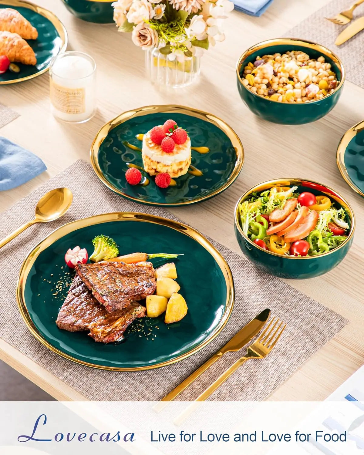Elegant Green Gold Porcelain Dinnerware Set for 4