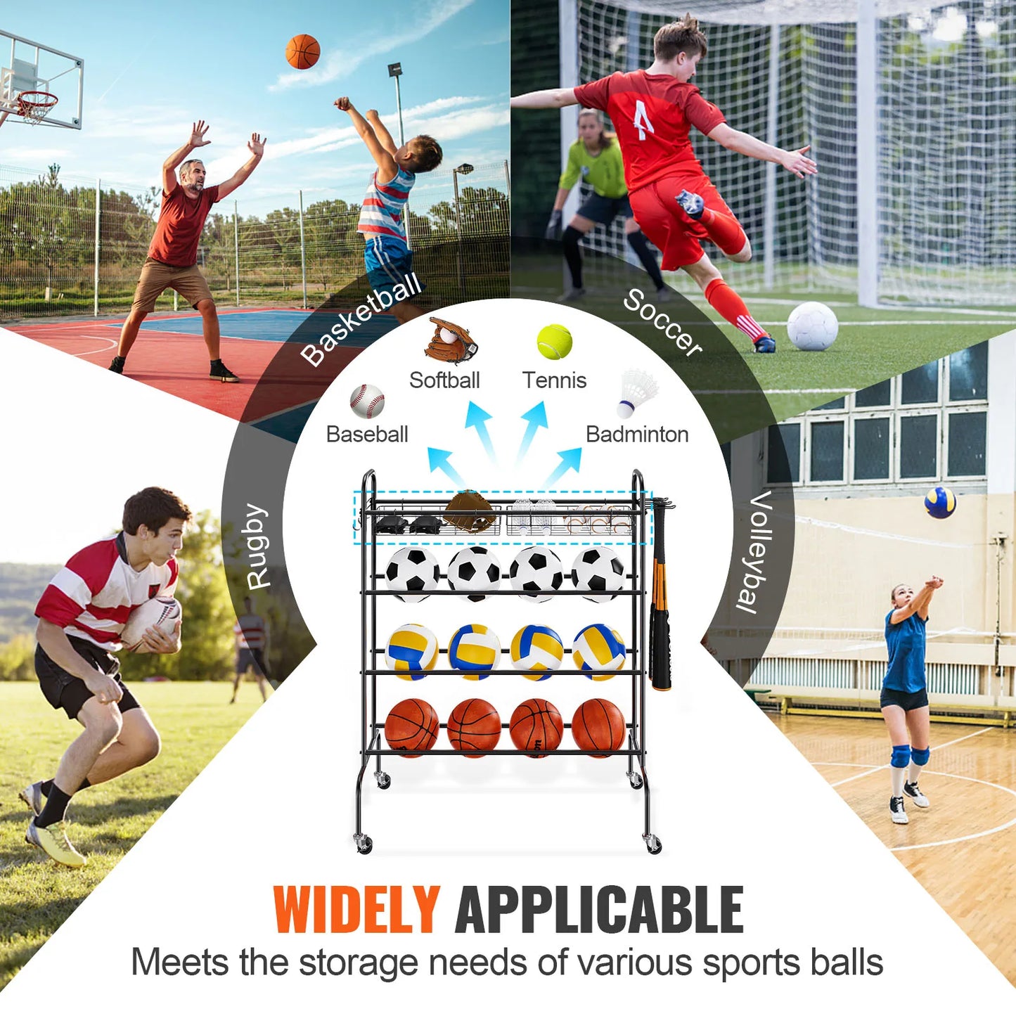 VEVOR 4-Layer Rolling Basketball Storage Rack Organizer