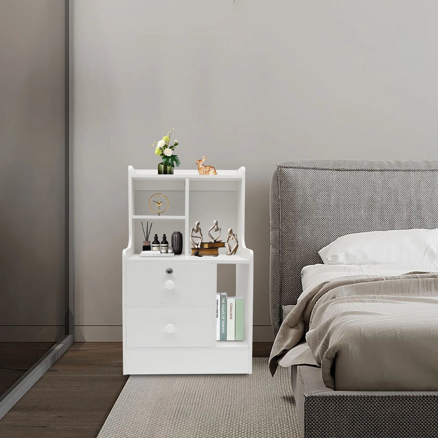 Lockable Bedside Table Double-Layer Storage Cabinet