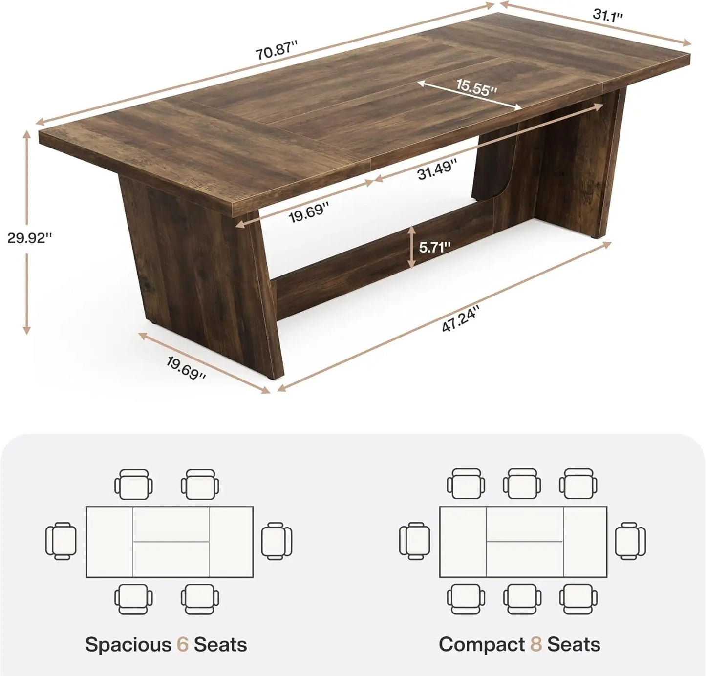 Farmhouse Dining Room Table – Large Rectangular Solid Pedestal Kitchen Table for Family Meals, Rustic Wooden Dinner Table for Dining Room & Home Gathering